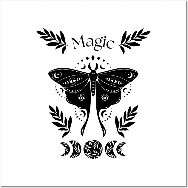 Magic black and white night moth lunar cycle Wall Art by Ieva Li ART